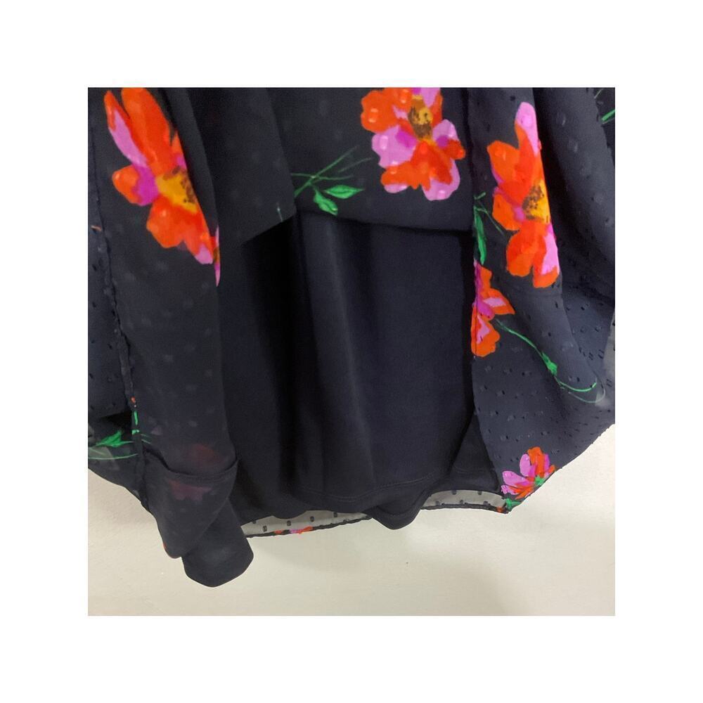 DKNY Navy Blue Floral Dress Chiffon Tie Neck 6 Small Swiss Dot Gathered Sleeves - Picture 7 of 9